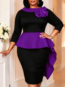 Große Größen Schwarz-Weiß Farbblock elegantes figurbetontes Midi-Kleid mit Rundhalsausschnitt, 3D-Blumen-Peplum, drapiert, für Kirche, Arbeit, Business, Herbst, Party, formelle Anlässe - Violett - Übersicht 6