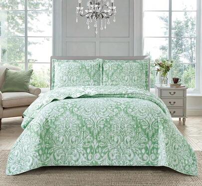 3pcs/2pcs Baroque Royal Damask Gree Quilted Bedspread Set – Elegant Victorian Scroll Pattern Soft Coverlet & Pillow Sham(S), Single / Double / King / Super King, Lightweight Breathable All-Season Bedding For Bedroom & Guest Room
