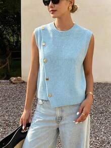 1pc Solid Color Cropped Round Neck Asymmetrical Button Design Fashion Layering Sleeveless Knit Vest Summer - Baby Blue - View 9