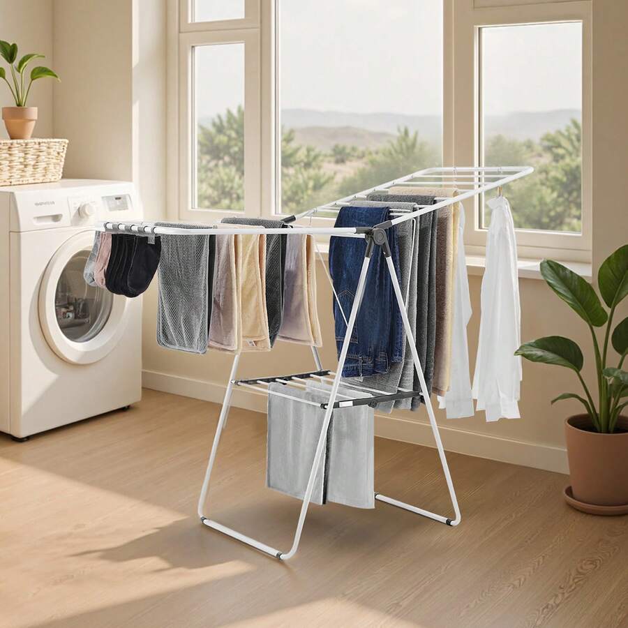 Tendedero Plegable 2 Niveles con Pinzas para Calcetines Tendedero de Ropa 1385 mm de Tendido 21 Barras de Secado Tubos de Hierro y Plástico PP Altura Ajustable para Exterior, Interior, Blanco - 2 Niveles, Tendedero de Ropa 1385 mm - Ver 1