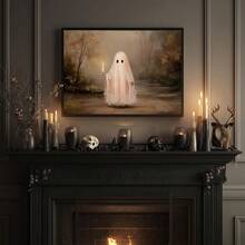 1pc Framed Canvas Wall Art, Cute Pink Ghost Holding Candle Canvas Wall Hanging, Vintage Autumn Forest Oil Painting, Dark Academia Style Halloween Atmosphere Decor, Suitable For Modern Home Decor, Room Decor, Dorm Decor, Bedroom Decor, Bathroom Decor, Kitchen Decor, Dining Room Decor, Living Room Decor, Office Decor, School Decor, Ghost Art, Gothic Halloween Poster, Halloween Decor, Halloween Home Decor, Ghost, Horror Decor - Pink Ghost - View 8