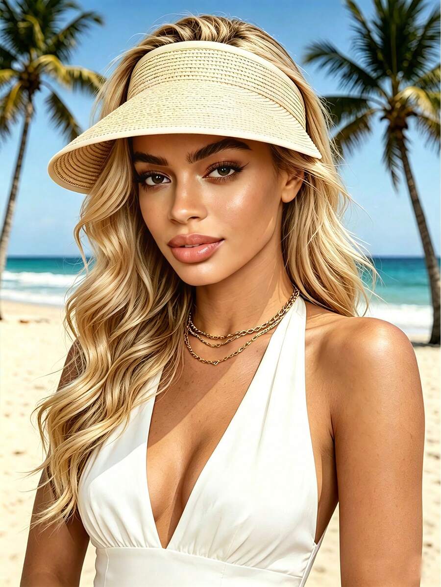 1 pieza Sombrero de paja de moda para mujer, ala ancha, enrollable, plegable, sombrero de sol para la playa de verano - Multicolor - Ver 1