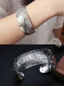 Brazalete ancho de plata vintage bohemio para mujer, brazalete de moda abierto grabado, joyería vintage bohemia - Plata antigua - Ver 11