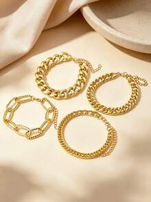 4pcs/Set Punk Style Chunky Chain Bracelet, Fashion Minimalist Line Women's Accessories, Versatile Personalized Jewelry Bracelet Suitable For Daily Wear, Party, Gathering And Music Festival - Gold - View 2
