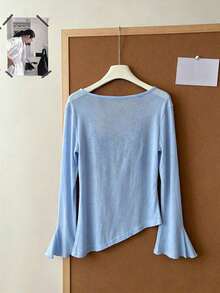 Atasan Camisole Musim Semi/Panas Lembut Tipis untuk Berlapis, Model Lengan Lonceng Bergelombang dengan Hem Asimetris, Atasan Kasual untuk Berlapis. - Biru muda - View 5