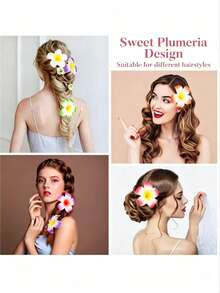2 piezas de pinzas para el cabello con flor de plumeria degradada de espuma, 5 pétalos, pasadores florales para mujer, estilo tropical de playa bohemio de verano - Multicolor - Ver 3