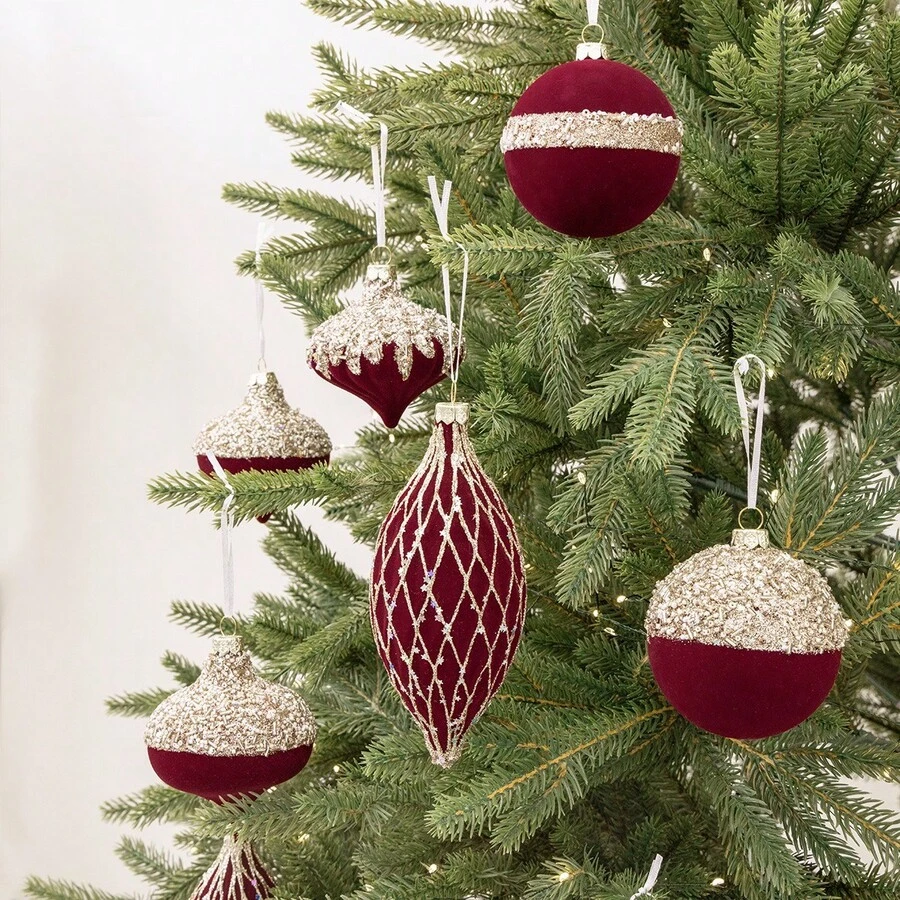 10/12pcs Burgundy Velvet Christmas Ball Ornaments, Shiny Rhinestone Hanging Decorations, Gift Box Set, Suitable For Christmas Tree, Home And Holiday Party - Multicolor - View 1