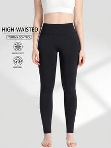 Spring Summer Autumn Solid Color Women's Tight Leggings, Running Workout Sports Long Pants, Home Casual Long Pants Black - Black - View 4
