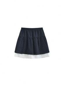 Rok Pendek Wanita Gaya Korea Vintage Motif Polkadot dengan Hiasan Renda dan Patchwork - Navy Blue - View 4