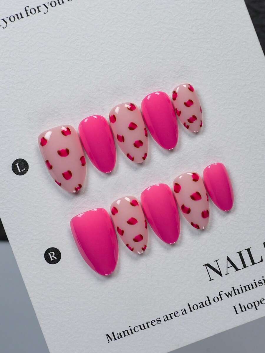 10PCS Y2K Sweet Spicy Short Almond Press On Nails Set, Nude Fake Nails With Hand Drawn Red Leopard Spots And Solid Hot Pink Match, Glossy Nail Kit For Beach Vacation Shopping Daily Party Wear Handmade Press On Nails - Multicolor - View 1