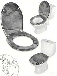 Marble Pattern Soft Close Toilet Seat, Stainproof Easy-Clean MDF Lid Adjustable Hinges, Universal Oval Replacement Cover, Modern Bathroom Decor For Hotel Villa Apartment, Perfect For Homeowners & Interior Renovators - A - View 3