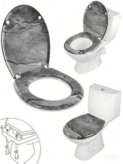 Marble Pattern Soft Close Toilet Seat, Stainproof Easy-Clean MDF Lid Adjustable Hinges, Universal Oval Replacement Cover, Modern Bathroom Decor For Hotel Villa Apartment, Perfect For Homeowners & Interior Renovators