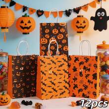 12 piezas Bolsas de regalo de papel kraft de Halloween con asas blancas, patrones de cara de calabaza, murciélago, fantasma, telaraña, bolsas de regalo de Halloween naranja y negro, adecuadas para la actividad "Truco o " de los niños, fiesta de aula, bolsas de papel con asa de cuerda con estampado de cara de calabaza y murciélago fantasma, bolsas de regalo pequeñas con forma de linterna, bolsas de regalo pequeñas de Halloween con fantasma, murciélago y araña, bolsas de regalo pequeñas para fiesta de aula de niños, bolsas de regalo de vacaciones naranja y negro - Ver 6