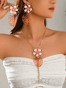 3Pcs/Set Boho Tropical Flower Monstera Leaf Jewelry Set, Gradient Earrings Y Tassel Necklace, Women Summer Beach Vacation Statement Accessory Gift - Gradient Powder - View 2
