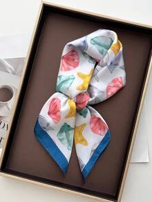 1 pezzo Bandana quadrata in raso con stampa paisley, sciarpa per capelli e testa, scialle da donna - Conchiglie blu e rosa - Visualizzare 1