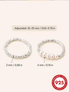GLIMMER GI 1件 S925 純銀低過敏戒指，淡水珍珠與銀珠彈性可調節戒指，女款極簡時尚奢華小眾設計，優雅獨特，適合日常配戴/度假/情人節/生日/母親節禮物 - Sterling silver - 查看 5