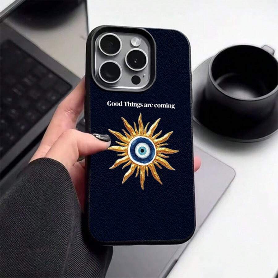 TPU材質藍色背景惡魔之眼太陽文字圖案手機殼，適用於 17 Pro Max/17/16 Pro Max/15/13/12/11/S20 FE/A15/S24/A55/Note 11/Note 12/Note 13 Pro，全包覆防震軟殼保護套 - 黑色 - 查看 1