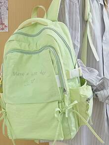 Pleated Backpack With Embroidered Slogan, Large Capacity School Bag, Japanese Style Girl Commuter Backpack - Multicolor - View 12