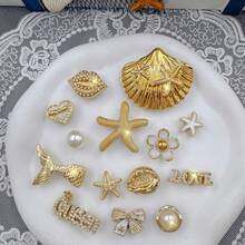 14件金色海洋系列鞋飾（海星、貝殼、海螺、花朵），適用於涼鞋、拖鞋、沙灘鞋、園藝鞋，DIY可拆卸鞋飾，生日派對與節日的完美禮物 - 金色 - 查看 3