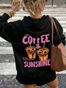 Women's Hooded Sweatshirt, Autumn/Winter New Iced Coffee Pattern And Letter Print, Drawstring Design, With Pockets, Casual Versatile Loose Fit Top, Fashionable Daily Wear - Black - View 7