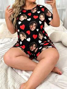 2pcs Plus Size Customized Face Photo Women's Short Sleeve Shorts Pajama Set, Personalized Heart Home Wear, Wife Gift - Multicolor - View 3