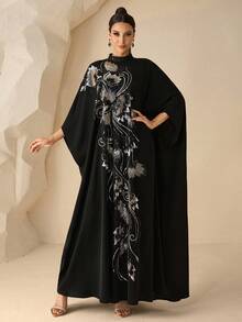 Dam-abaya i enfärgat vävt tyg med applikation, one size, svart, för hösten, lämplig för festivaler, bröllop, semester och vardagsbruk, för alla säsonger - Svart - Visa 6
