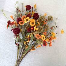5PCS Pack Of Artificial Autumn Flowers, Featuring Orange-Red And Yellow Artificial Dandelion And Hydrangea Stems, Perfect For Vase Arrangements, Halloween, Autumn Harvest Celebrations, And Party Decorations. - Multicolor - View 7