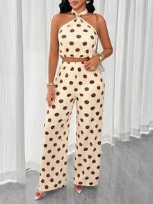 AIJ Casual Sexy Women's Polka Dot Halter Neck Gold Buckle Two Pieces Set, Backless Medium Stretch Outfit, Create A Look Vacation Elegant Summer - Yellow Base With Palm Flowers - View 6
