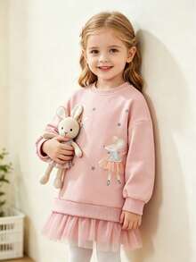 Long Sleeve Young Girl Sweatshirt With Mesh Fabric, Cute Animal Embroidery, Fashionable For Autumn/Winter - Pink - View 1