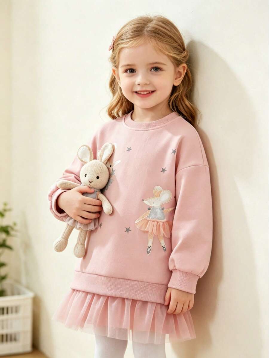 Long Sleeve Young Girl Sweatshirt With Mesh Fabric, Cute Animal Embroidery, Fashionable For Autumn/Winter - Pink - View 1