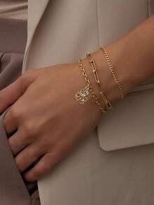 3pcs/Set Women's Bracelet Set, Bohemian Summer Beach Vacation Style, Golden Plated Multi-Layer Basic Chain, Paperclip Chain, Cuban Chain, Copper Inlaid Zirconia Octopus Pendant, Multi-Layer Stackable Bracelet Set, Ocean Series Bracelet Jewelry Gift - Yellow Gold - View 5