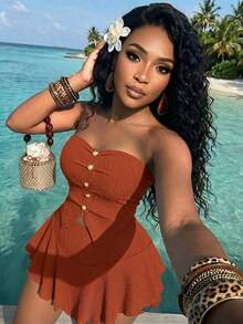 AIJ 女款夏季休閒性感純色百褶細肩帶背心 + 可愛安全褲裙 2 件套，適合運動優雅棕色 - 棕色 - 查看 1
