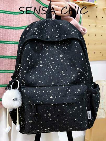 Casual Star Dots Printed Backpack, Adjustable Shoulder Straps Lightweight Rucksack With Lovely White Fluffy Keychain For Teen Girls Daily Carry