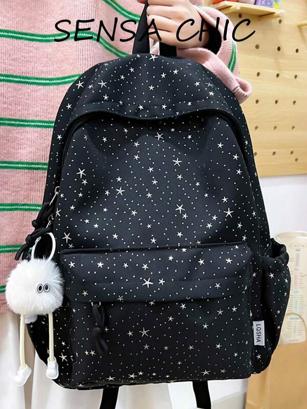 Mochila casual con estampado de estrellas y puntos, correas de hombro ajustables, mochila ligera con un lindo llavero blanco y esponjoso para el uso diario de adolescentes