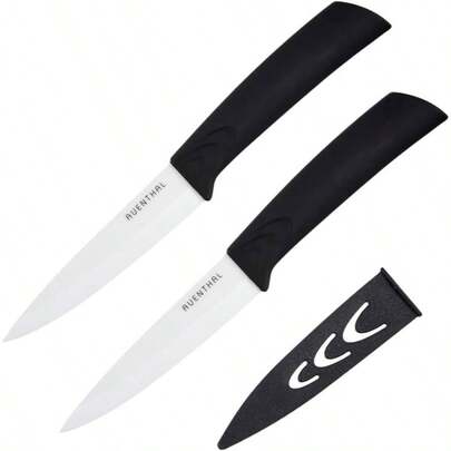 AUENTHAL Juego de 2 Cuchillos de cermica, Extremadamente Afilados, ergonmico, Incluye Protector de Hoja, Cuchillo pelador, Cuchillo de Cocina, cermica, plstico, Blanco, Longitud de la