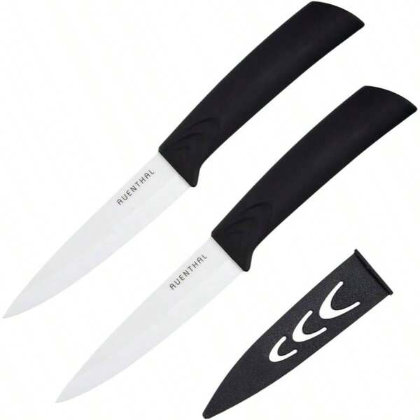 AUENTHAL Juego de 2 Cuchillos de cermica, Extremadamente Afilados, ergonmico, Incluye Protector de Hoja, Cuchillo pelador, Cuchillo de Cocina, cermica, plstico, Blanco, Longitud de la