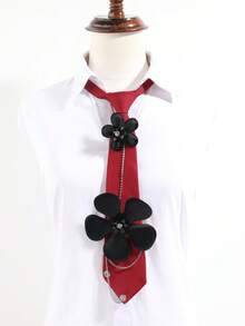 1PC Women's Burgundy 3D Black Flower Rhinestone Chain Tie-Less Bow Tie, Sweet Cool JK School Style Shirt Decorative Bow - Red Background With Black Flowers - View 6