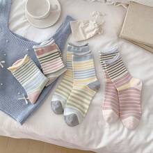 4 Pairs All-Season Striped Rolled Cuff Mid-Calf Socks For Women, Breathable Versatile Slouch Socks - Multicolor - View 12