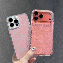 1pc Pink Lace Rose Flower Transparent Full Coverage Anti-Drop Phone Case, Soft Sexy Girl Ins Niche Fresh Protective Cover, Compatible With IPhone17/17Pro/17ProMax/16/11/16Plus/16ProMax/16e/15ProMax/13/14/12/14ProMax/12ProMax/13ProMax/12Pro/13Pro/14Pro - Color Silver Transparent - View 1