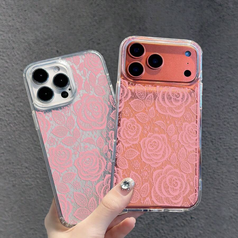 1pc Pink Lace Rose Flower Transparent Full Coverage Anti-Drop Phone Case, Soft Sexy Girl Ins Niche Fresh Protective Cover, Compatible With IPhone17/17Pro/17ProMax/16/11/16Plus/16ProMax/16e/15ProMax/13/14/12/14ProMax/12ProMax/13ProMax/12Pro/13Pro/14Pro - Color Silver Transparent - View 1