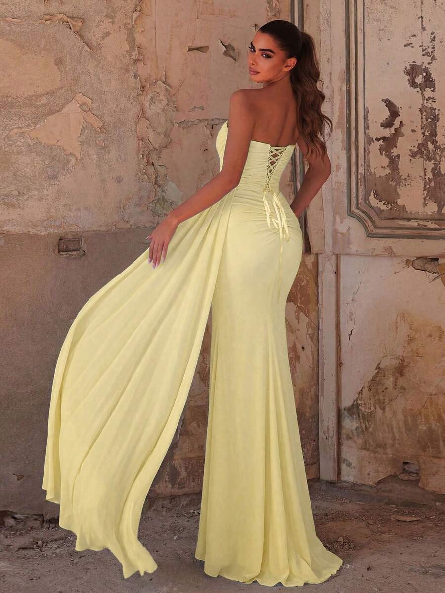 Elegant Women's Strapless Mesh Fabric Mermaid Ball Gown, With Ruched Bodice Design And Thigh Slit Elegant Fall Wedding Party - Light Yellow - View 1