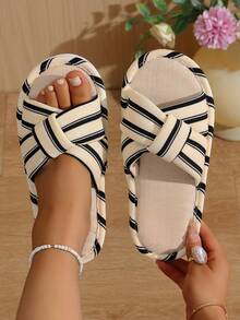 Women's Cross Strap Striped Slippers, Summer Breathable Open Toe Home Slippers, Non-Slip Soft Sole Indoor/Outdoor Dual Use, Multi-Color Options - White - View 6