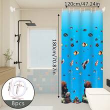 1pc Cartoon Underwater World Pattern Shower Curtain Bathroom Divider Curtain With Hooks - Royal Blue - View 12