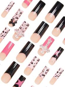 24pcs Y2K Style Medium Water Pipe Nails, Yellow, Pink, Black Striped Minimalist Fake Nails, Elegant Polka Dot, Cute Rabbit, 3D Pink Bow, Luxury Rhinestone Star Design, Press-On Nail Set For Women, Suitable For Wedding, Date, Spring/Summer Daily Wear, Removable - Multicolor - View 3