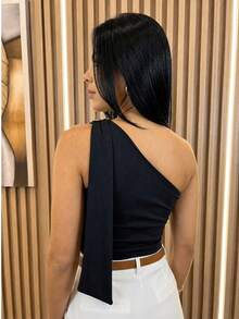 Women's Asymmetrical One-Shoulder Blouse With Padded Cups In Plain Ribbed Fabric - Casual, Basic, And Elegant - 黑色 - 查看 4