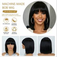 Women's Brazilian Remy Human Hair Wig - Glueless Short Bob With Bangs, 150% Density Natural Black, 100% Straight Human Hair Wig, Layered Bangs And Rose Mesh Cap, No Glue Needed, Easy To Style, Suitable For Daily Wear, Parties And Holidays - Natural Black - View 4