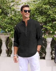 Men's Cotton Linen Long-Sleeved Shirt - 黑色1 - 查看 7