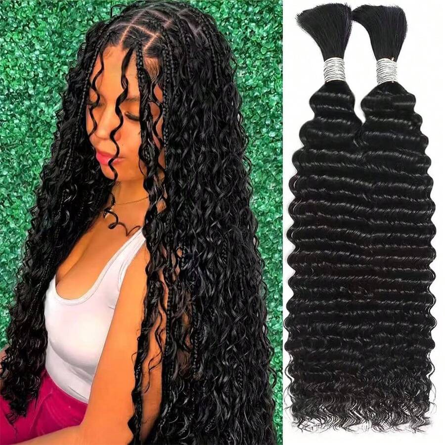Eulisi Human Braiding Hair For Boho Braids 110g 20 Inch Deep Water Wave Bulk Human Boho Hair For Braiding No Weft 12A Wet And Wavy Curly Human Hair Extensions 2 Bundles/Pack Natural Color