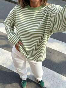 Women's Casual Top, Striped Color Block Ribbed Everyday Wear Spring - Green and White - View 3