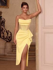 ADYCE Elegant Strapless Ruched Mesh Patchwork Boned High Waist Slit Backless Lace-Up Mid-Length Prom Dress - Yellow - View 1